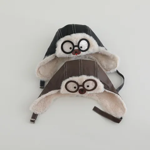 Kinder Winter Fliegermütze Mit Cartoon Vogel Brille Ohrenklappen Leifeng Hut Winddicht Warm Kunstleder Plüsch Kappe Für Jungen Mädchen