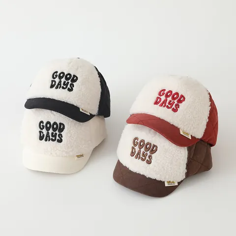 Kids Winter Sherpa Fleece Baseball Cap Quilted Pattern Letter Embroidery Warm Duckbill Hat For Toddler Boys Girls Casual Outdoor Headwear