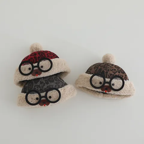 Kids Winter Leopard Print Beanie Hat With Cute Bear Glasses And Pom Poms Warm Faux Fur Fleece Lined Trapper Hat For Toddlers