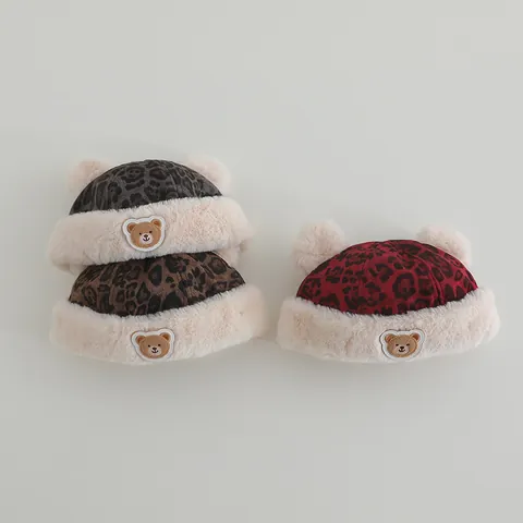 Kinder Plüsch Docker Mütze Mit Leopardenmuster Kunstpelz Bommel Doppelohr Winter Warme Winddichte Hut Für Kleinkinder
