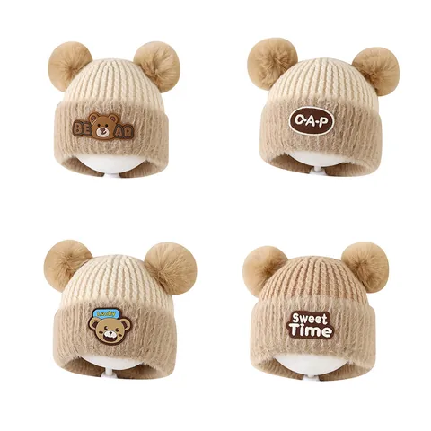 Baby Winter Knitted Hat Cute Double Pom Pom Bear Ear Beanie Thick Warm Earflap Cap For Toddlers Kids Boys Girls Headwear