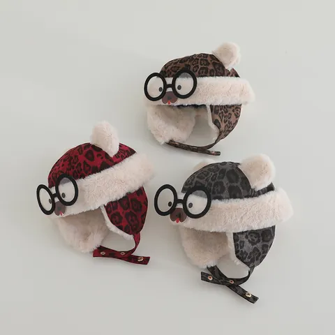 Kids Baby Winter Trapper Hat Leopard Print Warm Faux Fur Earflap Cap Decorative Glasses Pom Pom Bear Face For Boys Girls