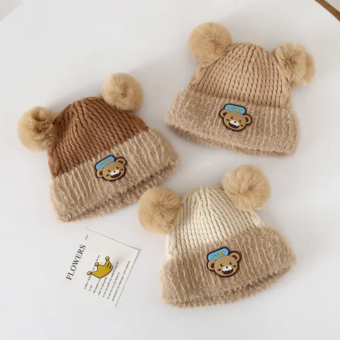 Baby Winter Knitted Hat Cute Double Pom Pom Bear Ear Beanie Thick Warm Earflap Cap For Toddlers Kids Boys Girls Headwear