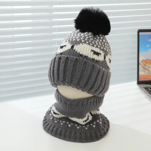 Kinderen Winter Gebreide Muts En Nekwarmer Fleece Gevoerde Beanie Met Kunstbont Pompon Cartoon Dier Jacquard Winddicht Voor Jongens Meisjes