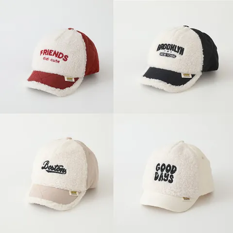 Kids Winter Sherpa Fleece Baseball Cap Quilted Pattern Letter Embroidery Warm Duckbill Hat For Toddler Boys Girls Casual Outdoor Headwear