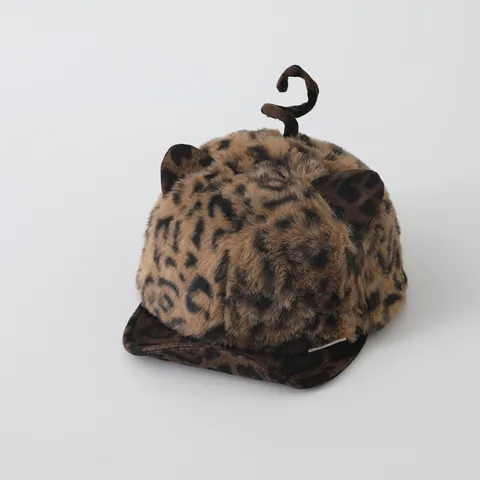 Cute Plush Leopard Print Toddler Baseball Cap With Animal Ears And Tail Winter Warm Soft Brim Duck Tongue Hat For Kids