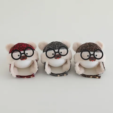 Kids Baby Winter Trapper Hat Leopard Print Warm Faux Fur Earflap Cap Decorative Glasses Pom Pom Bear Face For Boys Girls