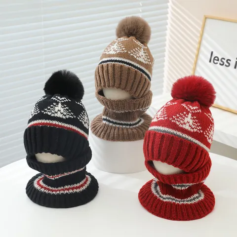 Children Winter Knitted Hat And Scarf Set Thermal Pom Pom Beanie Neck Warmer For Boys Girls Snowflake Pattern Outdoor Cap