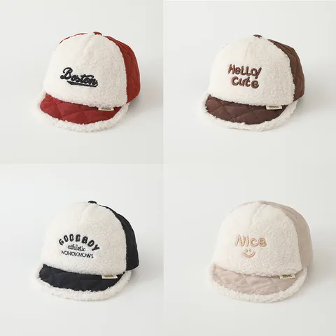 Toddler Winter Baseball Cap Lamb Wool Quilted Warm Hat For Kids Nice Boston Letter Embroidery Soft Brim Outdoor Fashion Hat