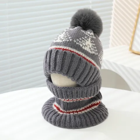 Children Winter Knitted Hat And Scarf Set Thermal Pom Pom Beanie Neck Warmer For Boys Girls Snowflake Pattern Outdoor Cap