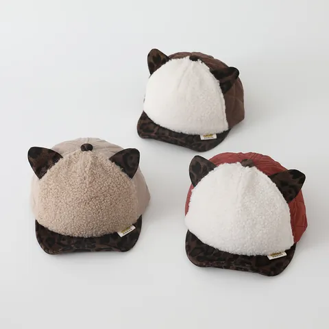 Casquette de Baseball Chaude d'Hiver pour Enfants Oreilles de Chat Léopard Matelassée en Peluche Laine d'Agneau pour Garçons Filles