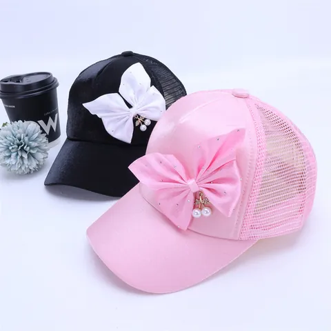 Gorra de Béisbol de Malla de Verano para Niñas Con Lazo Grande Strass Perla Cereza Colgante Sombrero de Sol Para 2-6 Años