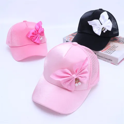 Gorra de Béisbol de Malla de Verano para Niñas Con Lazo Grande Strass Perla Cereza Colgante Sombrero de Sol Para 2-6 Años