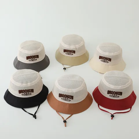 Breathable Mesh Kids Bucket Hat Summer Sun Protection Fisherman Hat With Adjustable Windproof String Embroidery Letter Pattern Toddler Hat