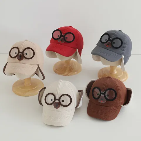 Kinder Winter Trapperhoed Fleece Warme Oorkleppen Pet Met Decoratieve Bril Cartoon Beer Honkbalpet Voor Peuters