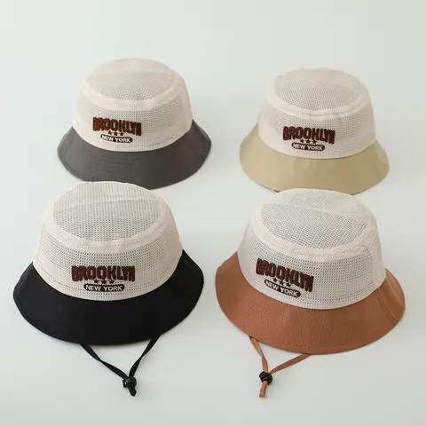 Breathable Mesh Kids Bucket Hat Summer Sun Protection Fisherman Hat With Adjustable Windproof String Embroidery Letter Pattern Toddler Hat