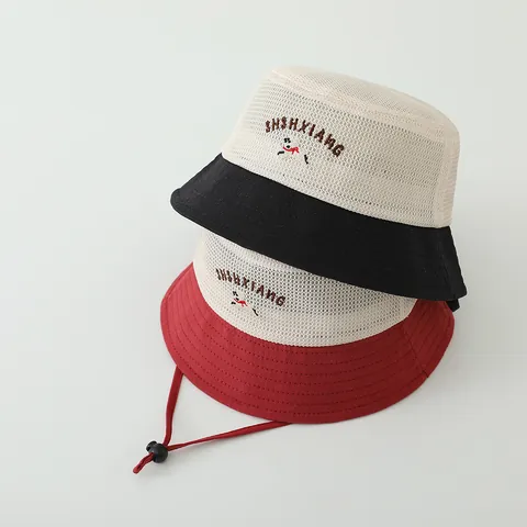 Kids Mesh Fisherman Hat Breathable Sun Hat Boys Girls Toddler Summer Beach Cap Chin Strap Cartoon Puppy Embroidery