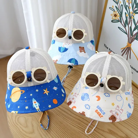 Cappello a Secchiello in Maglia per Bambini Con Occhiali da Sole Orecchie da Orso Traspirante Protezione Solare Stampa Spazio