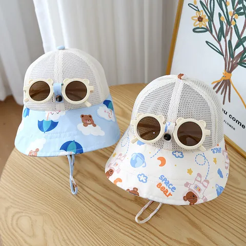 Cappello a Secchiello in Maglia per Bambini Con Occhiali da Sole Orecchie da Orso Traspirante Protezione Solare Stampa Spazio
