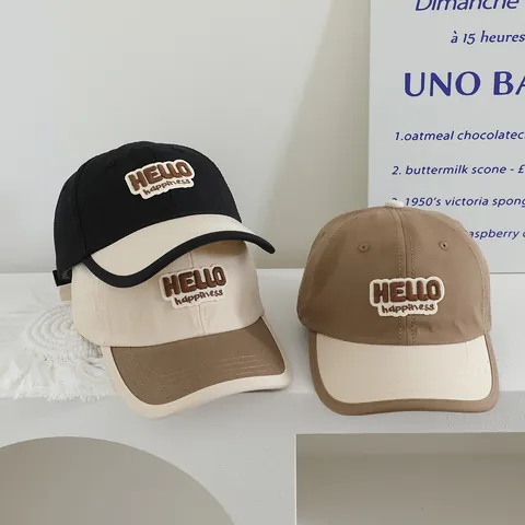 Gorra de Béisbol de Bloques de Color para Niños Bordado Letras Hello Happiness Mezcla de Algodón Sombrero Ajustable Protección Solar