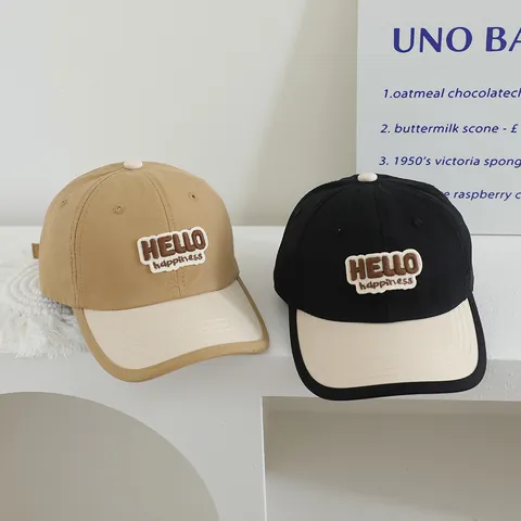 Gorra de Béisbol de Bloques de Color para Niños Bordado Letras Hello Happiness Mezcla de Algodón Sombrero Ajustable Protección Solar