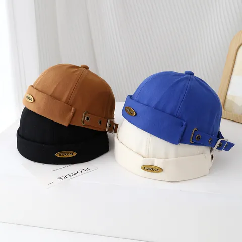 Berretto Docker Vintage per Bambini in Cotone Miki Cap Senza Tesa Regolabile Con Targhetta in Metallo per Ragazzi Ragazze Protezione Solare