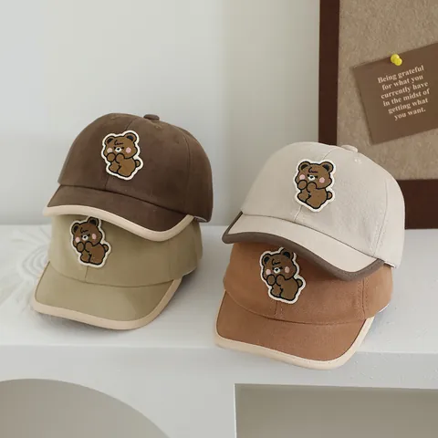 Kids Cartoon Bear Embroidery Baseball Cap Contrast Edging Sun Protection Toddler Sun Hat Cotton Blend Adjustable Outdoor Hip Hop Hat