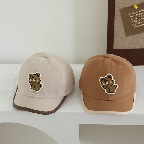 Kids Cartoon Bear Embroidery Baseball Cap Contrast Edging Sun Protection Toddler Sun Hat Cotton Blend Adjustable Outdoor Hip Hop Hat