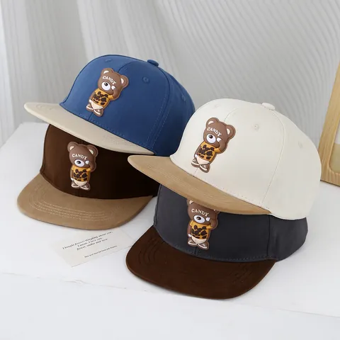 Kids Cartoon Bear Patch Flat Brim Baseball Cap Contrast Color Cotton Blend Sunshade Hat For Boys Girls Hip Hop Street Style