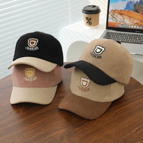 Casquette de Baseball en Velours Côtelé pour Enfants Bloc de Couleur Ours Brodé Pour Garçons Filles Réglable Chaud Automne Hiver
