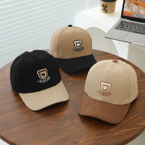 Casquette de Baseball en Velours Côtelé pour Enfants Bloc de Couleur Ours Brodé Pour Garçons Filles Réglable Chaud Automne Hiver