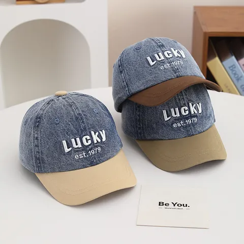Kids Retro Denim Baseball Cap With Lucky 3D Embroidery Color Block Paneled Adjustable Sun Protection Hat For Boys Girls