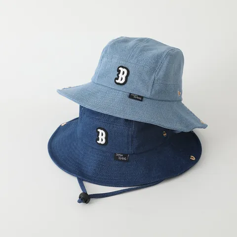 Kids Denim Bucket Hat With Adjustable Wind Rope Letter B Embroidery Washed Denim Fisherman Hat For Boys Girls Toddler Outdoor Sun Protection Hat
