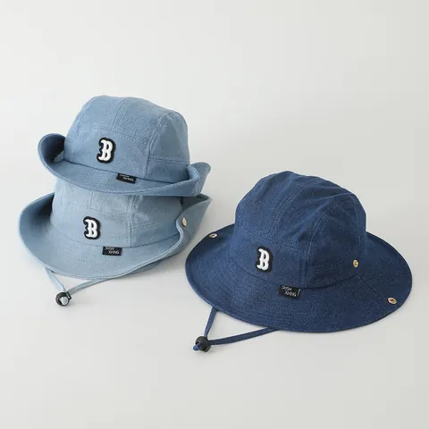 Kids Denim Bucket Hat With Adjustable Wind Rope Letter B Embroidery Washed Denim Fisherman Hat For Boys Girls Toddler Outdoor Sun Protection Hat