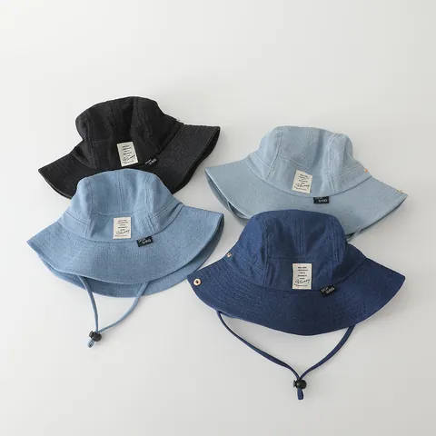 Sombrero de Pescador de Denim para Niños Con Cuerda Ajustable a Prueba de Viento Sombrero de Algodón Lavado para Niños Niñas Estilo Callejero