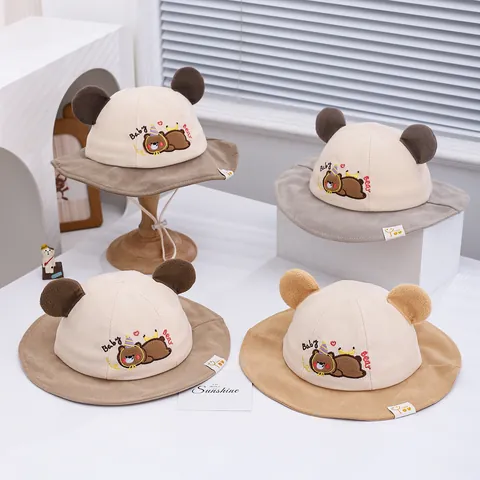 Cute Baby Bear Ears Corduroy Bucket Hat Adjustable Windproof Rope Cartoon Embroidered Toddler Sun Hat For Autumn Winter
