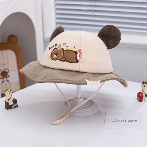 Cute Baby Bear Ears Corduroy Bucket Hat Adjustable Windproof Rope Cartoon Embroidered Toddler Sun Hat For Autumn Winter