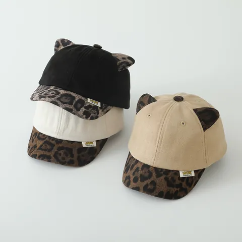 Kids Leopard Print Cat Ears Baseball Cap Suede Fabric Warm Autumn Winter Sun Hat For Toddler Boys Girls Outdoor Fashion