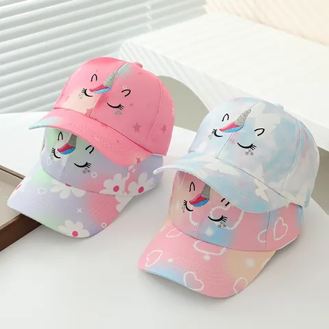 Kinder Einhorn Baseballkappe Batik Farbverlauf Sonnenhut Mit 3D-Horn Bestickten Augen Für Mädchen Jungen Outdoor Verstellbar