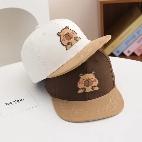 Kinder Capybara Cartoon Snapback Hoed Katoenmix Contrastkleur Platte Rand Baseballpet Voor Jongens Meisjes Hip Hop Street Style Zonnehoed