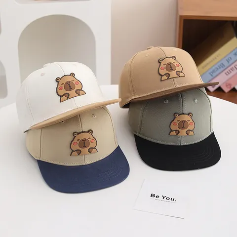 Kinder Capybara Cartoon Snapback Hoed Katoenmix Contrastkleur Platte Rand Baseballpet Voor Jongens Meisjes Hip Hop Street Style Zonnehoed