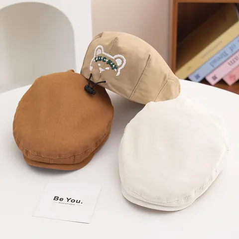Kids Cartoon Bear Beret Hat Cotton Blend Lucky Embroidery Adjustable Flat Cap For Boys Girls Sunshade Casual Hat