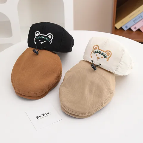 Kids Cartoon Bear Beret Hat Cotton Blend Lucky Embroidery Adjustable Flat Cap For Boys Girls Sunshade Casual Hat