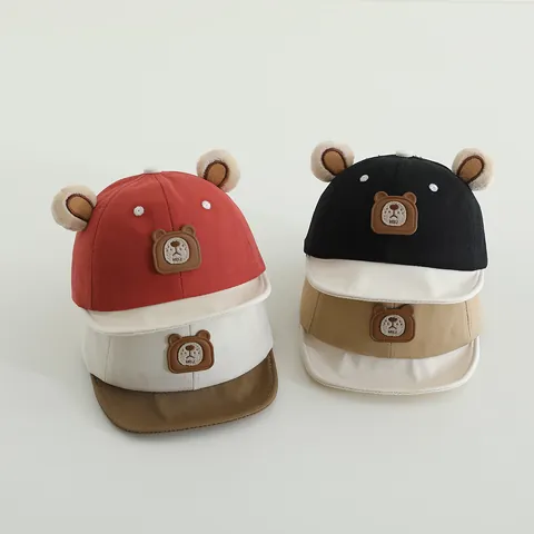 Cute Toddler Baseball Cap With 3D Bear Ears Cartoon Patch Color Block Soft Brim Sun Hat For Babies Outdoor Fashion Accessory