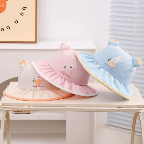 Kids Baby Girls Summer Sun Hat Quick Dry Breathable Mesh Bucket Hat With Bunny Embroidery 3D Ears Ruffle Wide Brim Cap