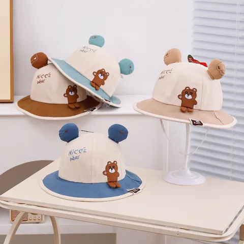 Παιδικό Καπέλο Bucket με Καρτούν Αρκουδάκι και 3D Αυτιά Ηλιακή Προστασία Μείγμα Βαμβακιού για Καλοκαίρι