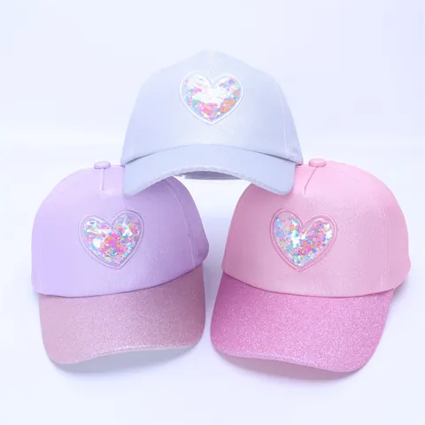 Kinder Mädchen Mode Herz Pailletten Baseball-Kappe Glitzernder Rand Verstellbar Baumwollmischung Sommer Sonnenhut Glitzernd Mütze
