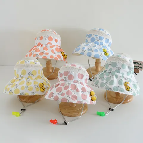 Kids Sun Hat Breathable Mesh Fisherman Hat With 3D Bee Decoration Polka Dot Floral Pattern Adjustable Windproof Rope Whistle