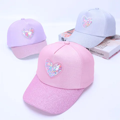 Kinder Mädchen Mode Herz Pailletten Baseball-Kappe Glitzernder Rand Verstellbar Baumwollmischung Sommer Sonnenhut Glitzernd Mütze
