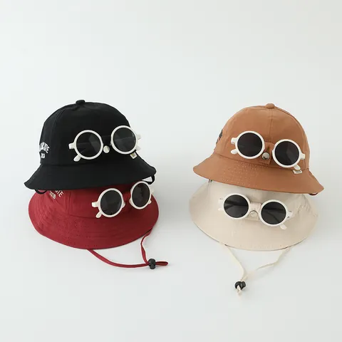 Chapeau Bob en Mélange de Coton pour Enfants Avec Lunettes de Soleil Décoratives Corde Coupe-vent Réglable Été